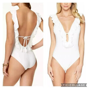 Michael Kors Ruffle One Piece Plunge Gold Accents Swimsuit Size 12